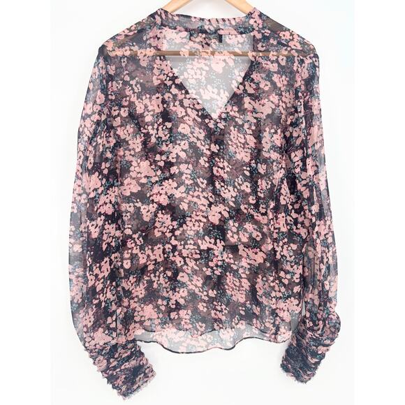 Elizabeth and James 100% Silk Sheer Floral Fringe Tie Neck Blouse Size M - Picture 2 of 10